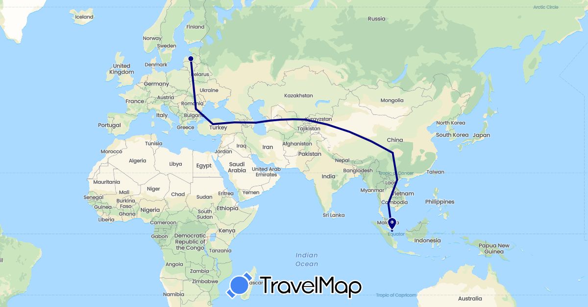 TravelMap itinerary: driving in Azerbaijan, China, Latvia, Romania, Singapore, Thailand, Turkey, Uzbekistan, Vietnam (Asia, Europe)
